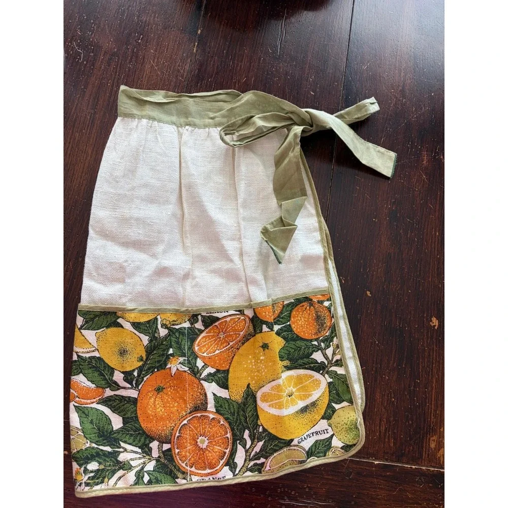 Vintage Citrus Fruit Botanical Print Linen Half Apron Orange Lemon Grapefruit